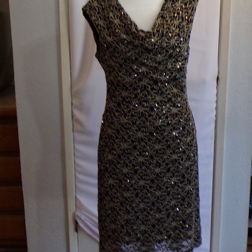 Women's size 8 Black with gold lace and rhinestones cocktail dress